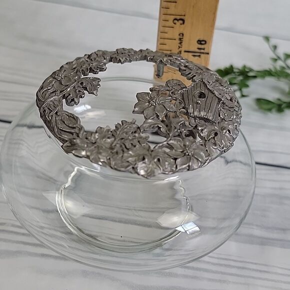 Trinket Jewelry Dish Diamond Cut Pewter And Glass Floral Birdhouse Design - Picture 7 of 8